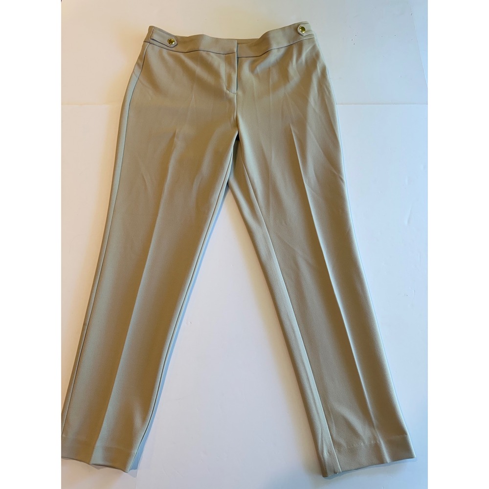 Anne Klein Womens Beige Tan Straight Leg Dress Pants Gold Lion Buttons Sz 12P